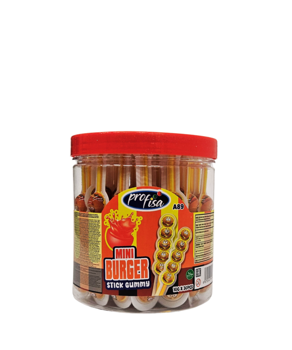 Mini Burger Stick Gummy – mini mėsainio formos želė saldainiai ant pagaliuko, 30 vnt.
