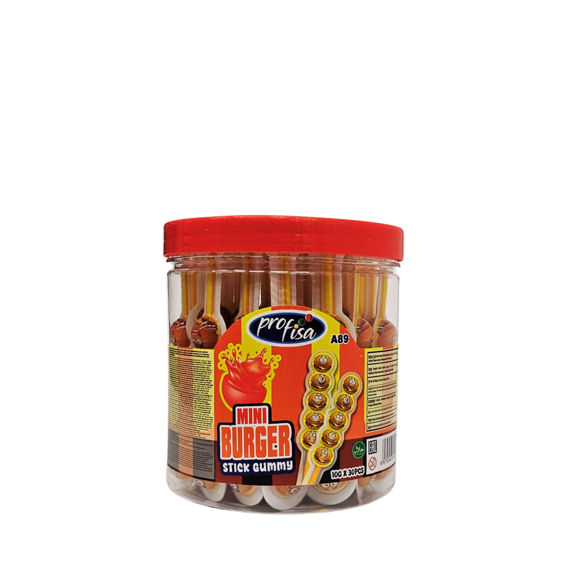 Mini Burger Stick Gummy – mini mėsainio formos želė saldainiai ant pagaliuko, 30 vnt.