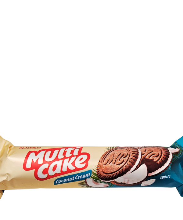 Multicake sausainis su pieno įdaru ir kokosų drožlėmis