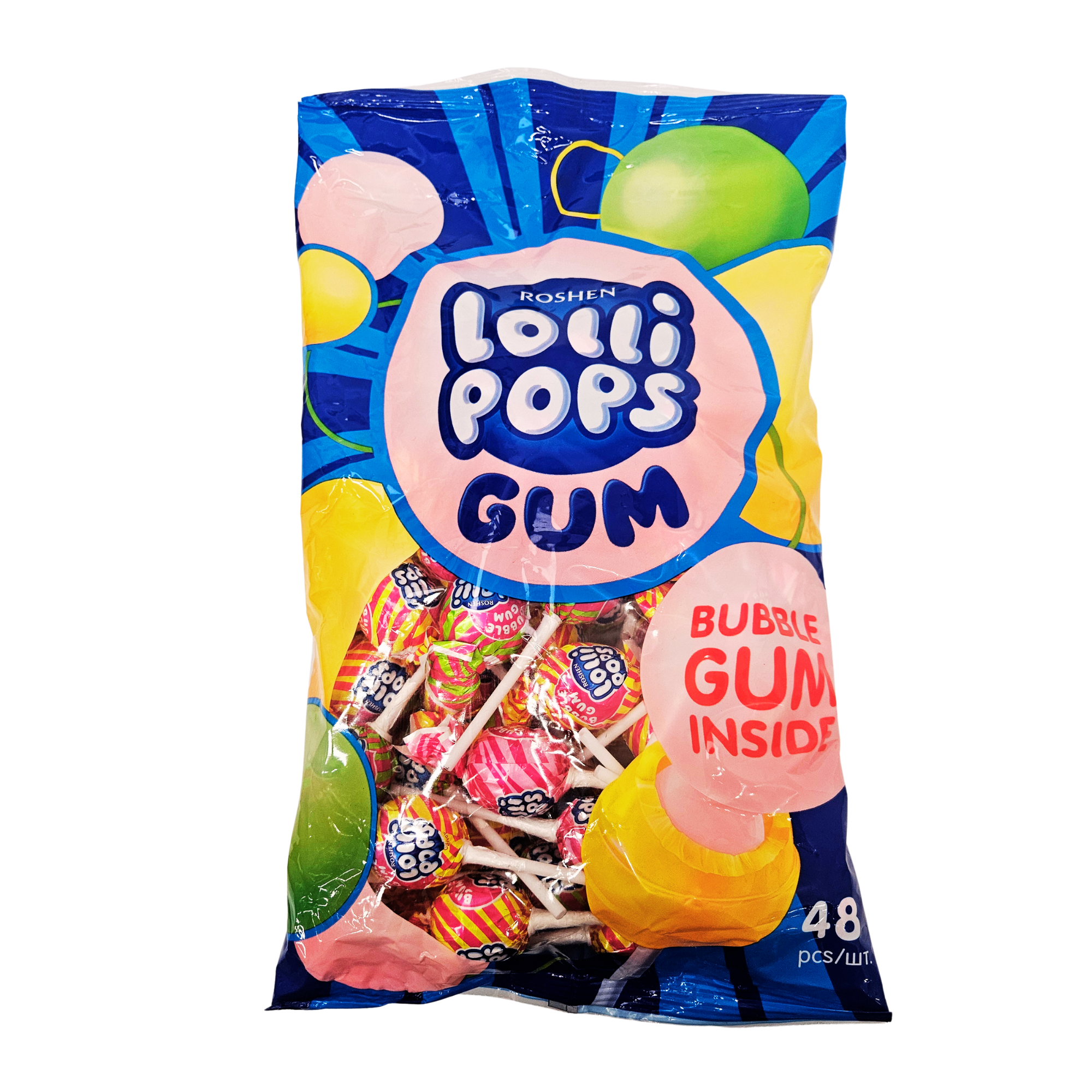 Roshen Lollipops Gum Fruit Mix ledinukai su kramtomąja guma, 48 vnt
