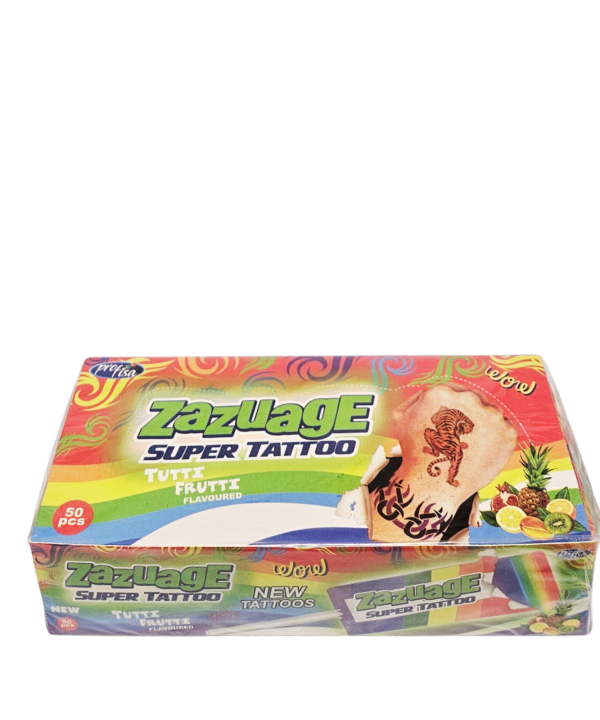 Zazuage Super Tattoo Tutti Frutti kramtomas ledinukas su laikina tatuiruote, 50 vnt