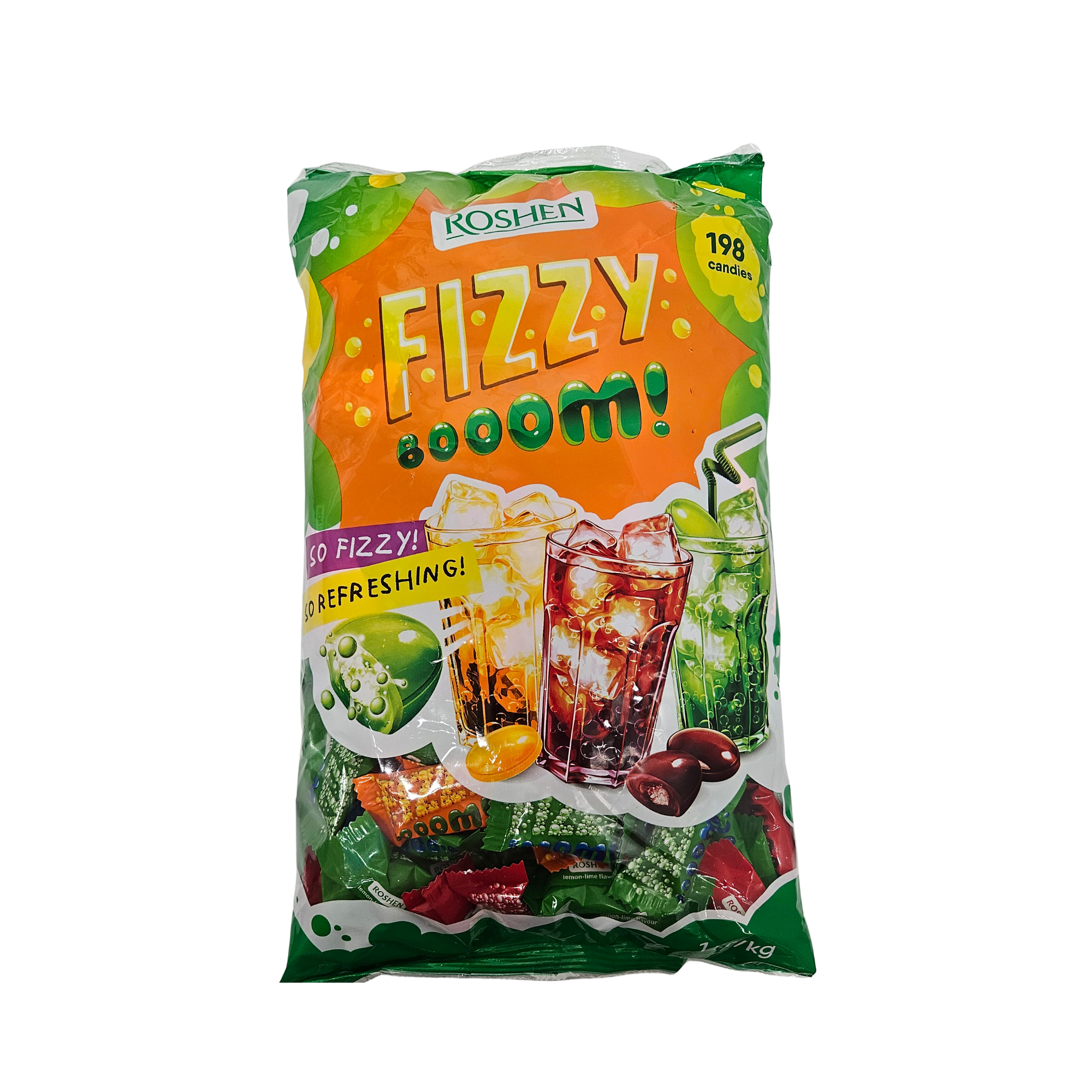 Roshen Fizzy Boom vaisinių skonių karameliniai saldainiai su putojančiu įdaru
