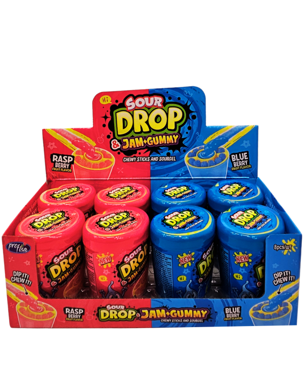 Sour Drop Jam + Gummy kramtomi saldainiai su rūgščiu geliu Raspberry & Blue Raspberry