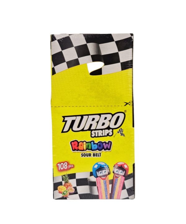 Turbo Strips Rainbow Sour Belt – rūgštūs vaivorykštiniai vaisių skonio saldainiai, 108 vnt