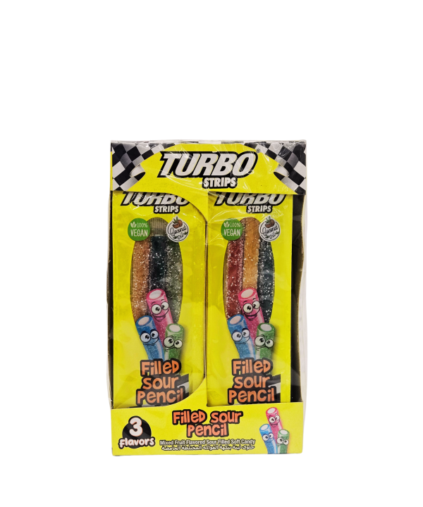 Turbo Strips Filled Sour Pencil – rūgštūs vaisių skonio saldainiai su įdaru, 12 vnt