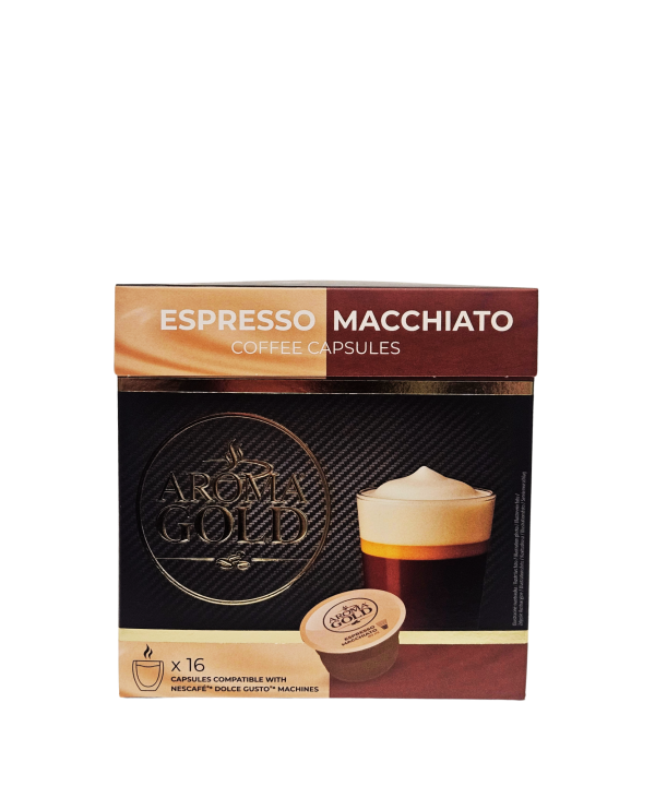 Aroma Gold Espresso Macchiato – tirpios kavos su pienu kapsulės, 16 vnt