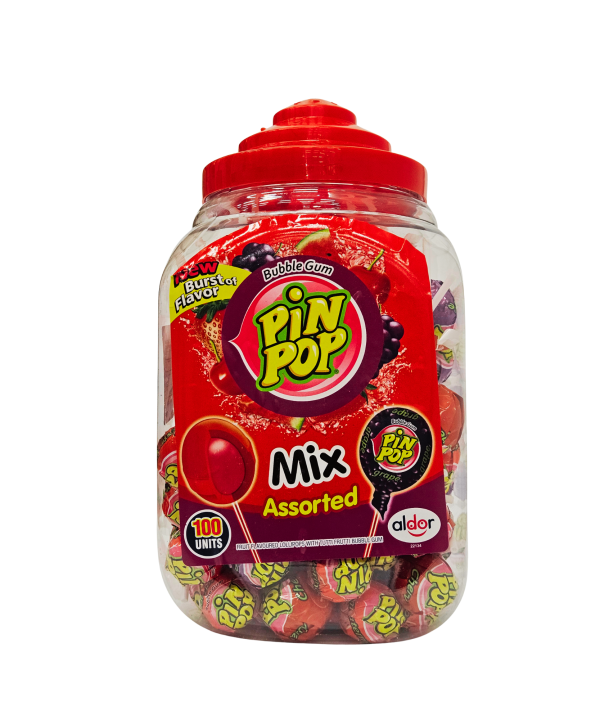 Pin Pop Mix Assorted – vaisių skonio ledinukai su kramtomąja guma, 100 vnt