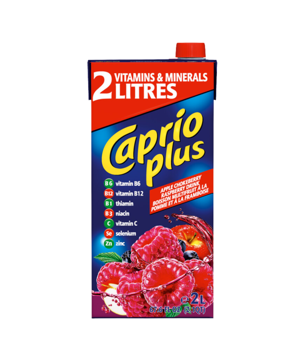 Caprio Plus Apple Chokeberry Raspberry negazuotas obuolių, aronijų ir aviečių skonio gėrimas su vitaminais ir mineralais