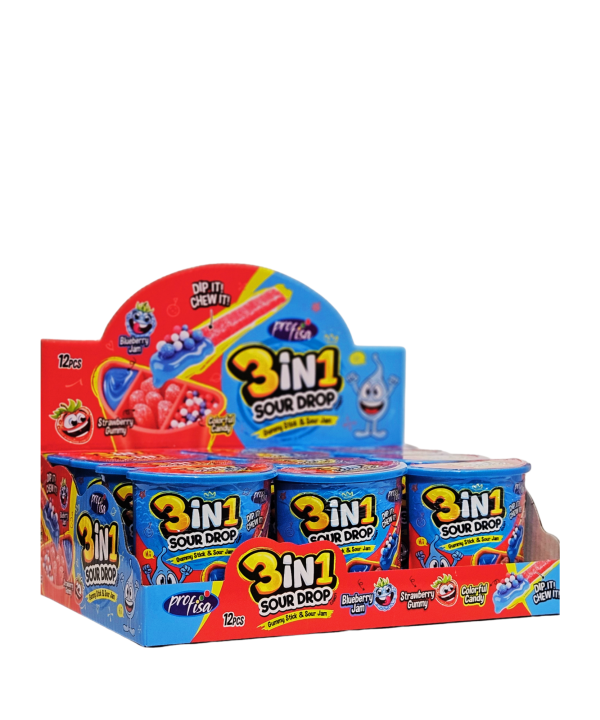 3 in 1 Sour Drop – guminukas su mėlynių džemu ir spalvotais saldainiais
