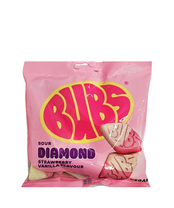 BUBS Sour Diamond Strawberry Vanilla – rūgštūs braškių ir vanilės skonio zefyriniai saldainiai